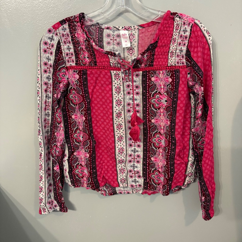 Justice Pink Paisley Colorblock Tassel Boho Peasant Top Blouse (Girls 14)‎
